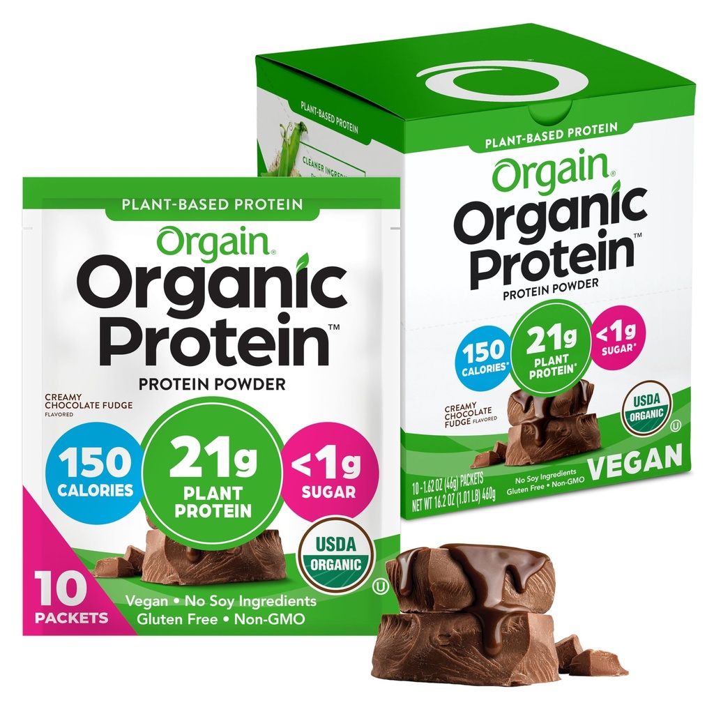 Orgaine en poudre de protéines végétales organiques, crème de chocolat caramel - 21g Protéines végétales, 6g fibre prébiotique, faible teneur en glucides, pas d'ingrédients de lactose, pas de sucre ajouté, non-OGM, pour Shakes & Smoothies, 10 packs de voyage