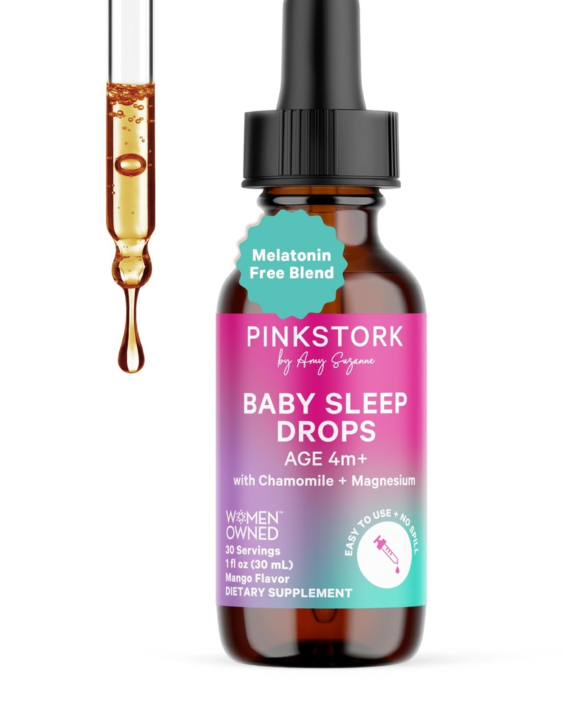 Pink Stork Baby Slaapdruppels, Natuurlijk Ondersteuning Slapen zonder Melatonine voor zuigelingen, peuters en kinderen, Hulp Slapen met kamille en Magnesium, Baby Essentials voor Bedtijd, 1 oz, 30 Servingen
