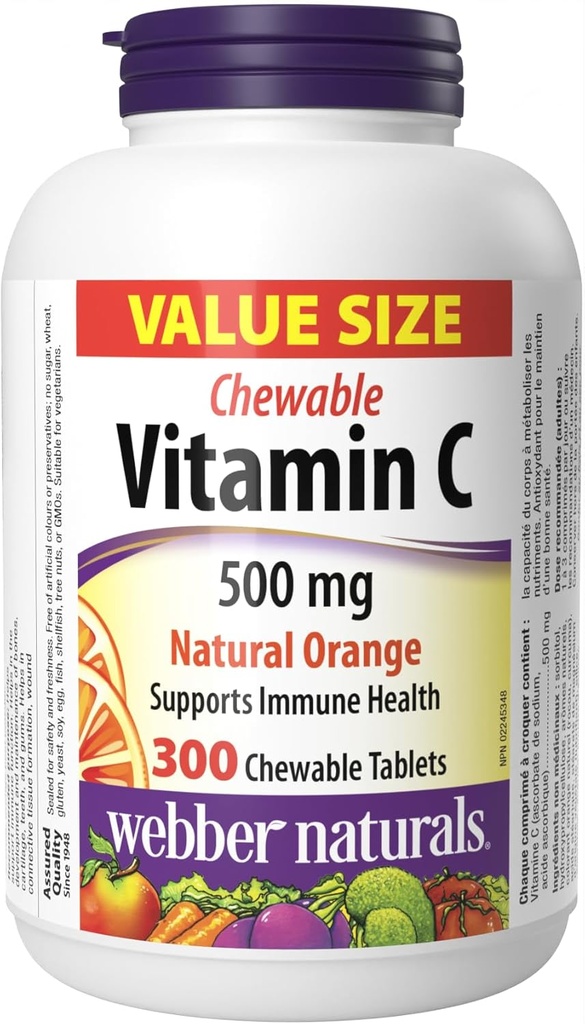 Webber Naturals Vitamine C, 300 Kauwbare Oranje Tabletten, 500 mg Vitamine C Per Tablet, Bones, Tanden, Immune en Antioxidant Ondersteuning
