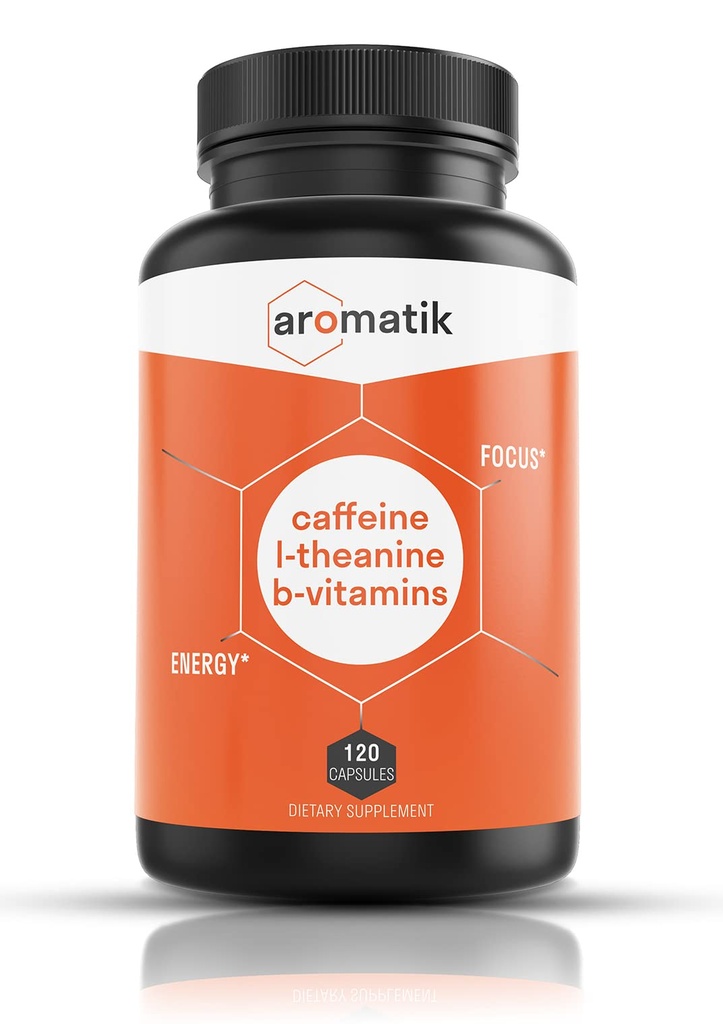 Aromatik Caffeine L-Theanine Focus Supplement: Caffeine (100 mg) + L-Theanine (200 mg) + B Vitaminen: Energy Focus Cognition USA Made at FDA Geregistreerde Faciliteit: Vegan Capsules: 120 porties