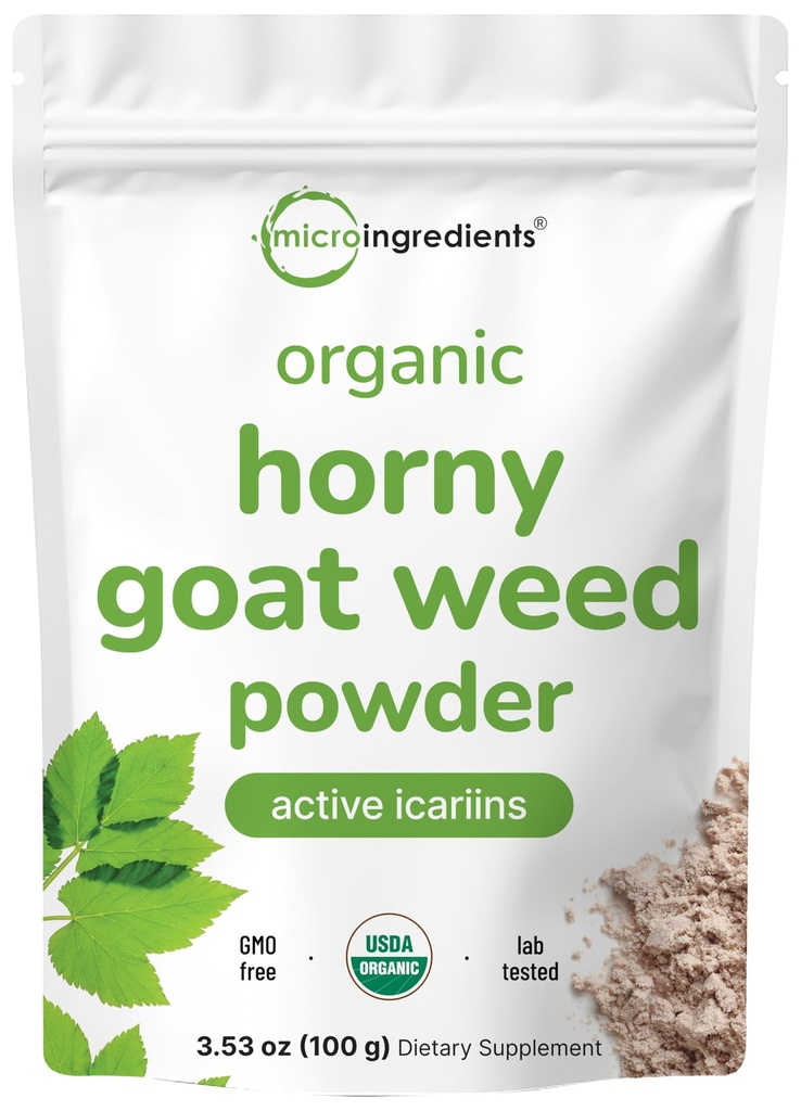 Maximale sterkte Biologische Pure Geile Geit Onkruid met actieve Icariens voor mannen en vrouwen, 100 Gram, Biologische Epimedium Poeder voor energie en immuunsysteem Booster, Filler Gratis en Vegan Vriendelijk