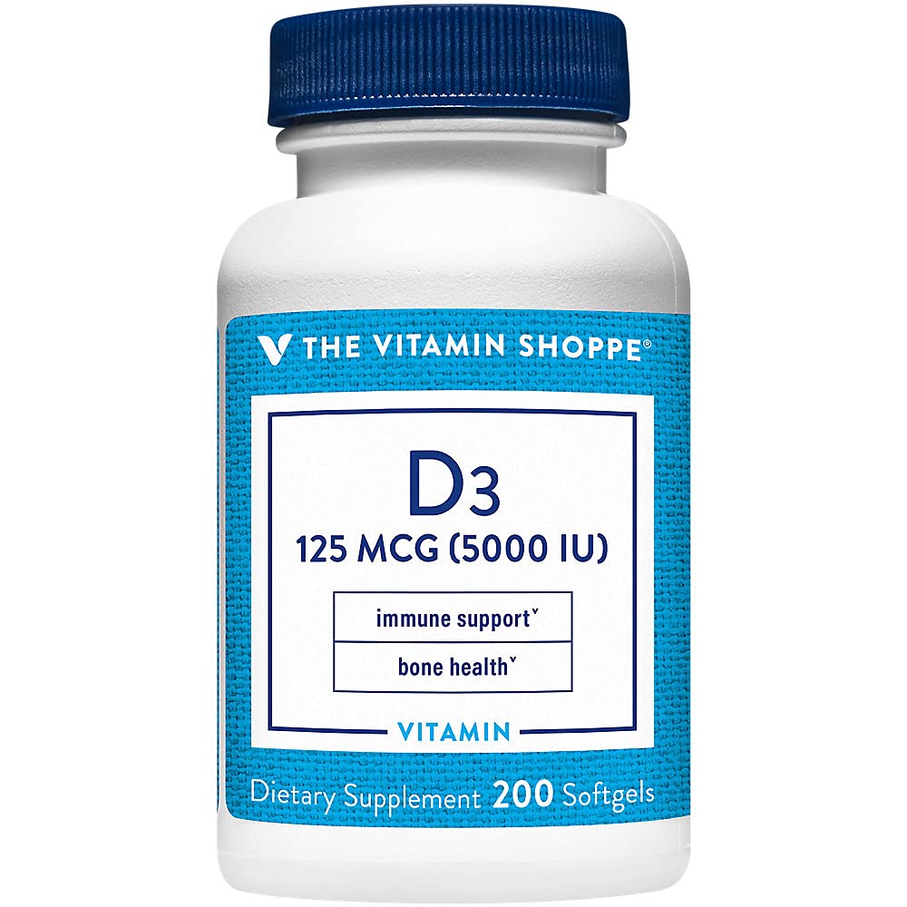 De vitamine Shoppe vitamine D3 5000IU Softgel, ondersteunt bot & Immune Health, hulpmiddelen bij celgroei & Calcium Absorptie, glutenvrij & eenmaal daags Formule (200 Softgels)