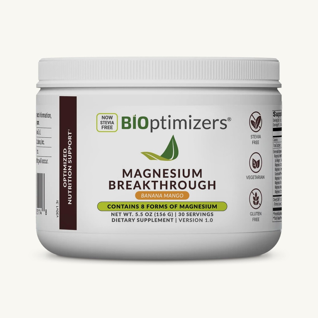 BIOptimizers Magnesium Breakthrough Drink - 8 vormen van Magnesium, Elektrolyten, Slaap Gezondheid, Stress, Muscle Recovery, Hart Support, Glycinate, Citrate, Malate- Banana Mango