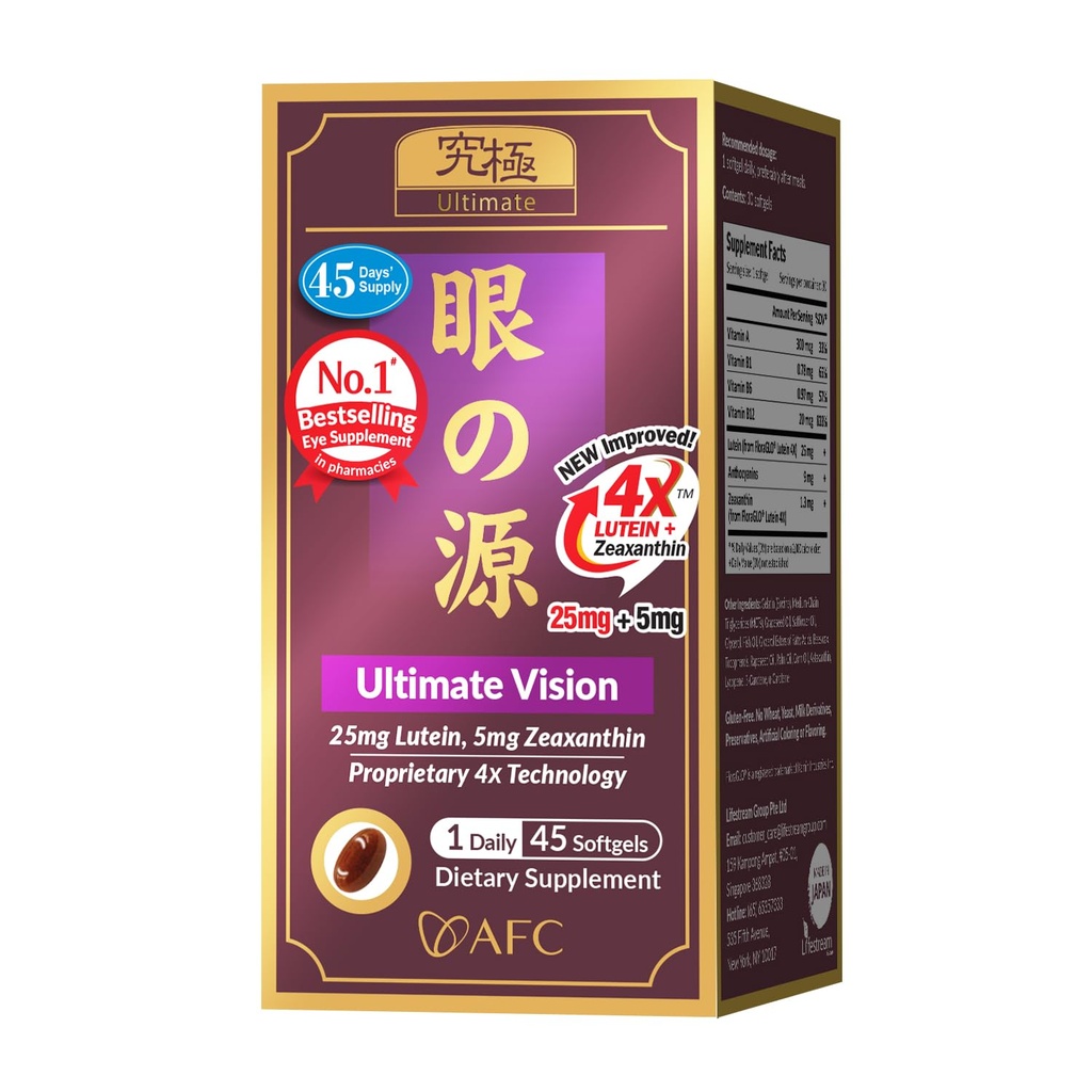 AFC Japan Ultimate Vision 4X - Verbeterde, up-sized Eye Formula met Lutein 4X, Zeaxanthine, Bilberry Extract en vitamines voor Age-related Eye Probleem, Blurry & Poor Vision, Dry Eye, Macula Health 45s