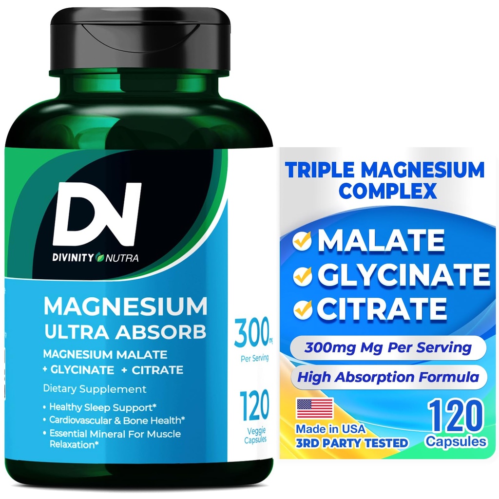 Divinity Nutra Triple Magnesium Complex Supplement, 300mg Magnesium Glycinate, Malate & Citrate for Muscles, Nerves, & Energy, High Absorptie, 120 Vegan Capsules,Non-GMO USA Gemaakt