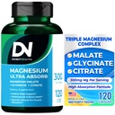 Divinity Nutra Triple Magnesium Complex Supplement, 300mg Magnesium Glycinate, Malate & Citrate for Muscles, Nerves, & Energy, High Absorptie, 120 Vegan Capsules,Non-GMO USA Gemaakt