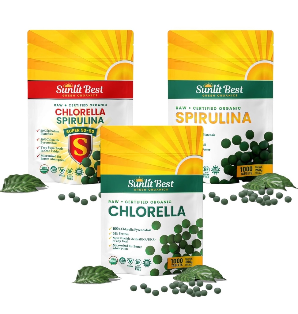 Sunlit Best Ultimate Chlorella & Spirulina Bundle Super Greens Supplements for Immune Support, Gut Health, Mood & Energy
