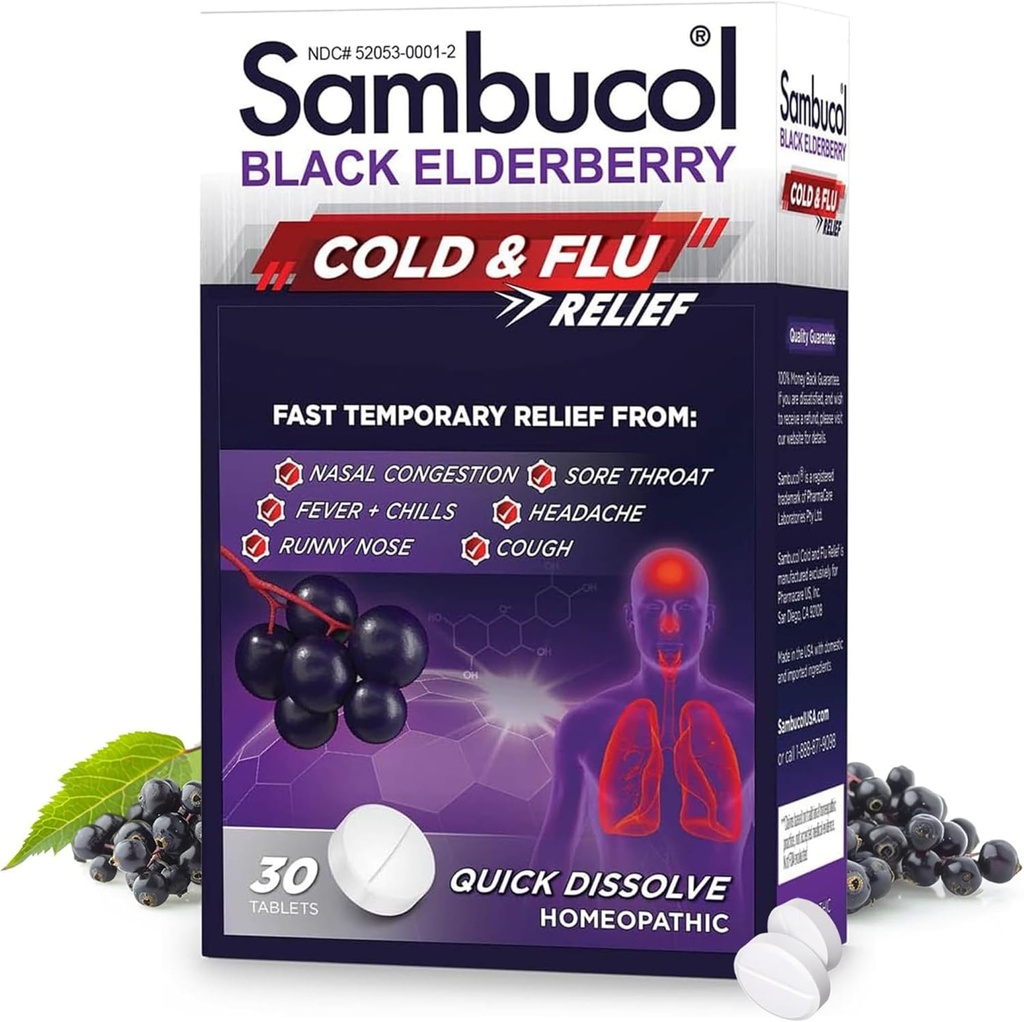 Sambucol Cold and Flu Relief Tablets - Homeopathische Koude Geneeskunde, Remedie voor Volwassenen, Zwarte Vlierbes voor Verkoudheid, Zink Remedie - 30 Tellen