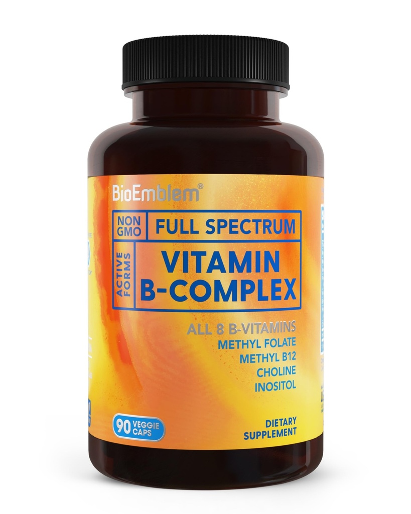 BioEmblem Vitamine B-complex - Alle 8 actieve vormen met Methylfolaat, Methyl B12, B6, Biotin Plus Choline Inositol, Ondersteunt Energie, Metabolisme, Hersenen, Hart Gezondheid - B Vitamine Supplement 90 Capsules