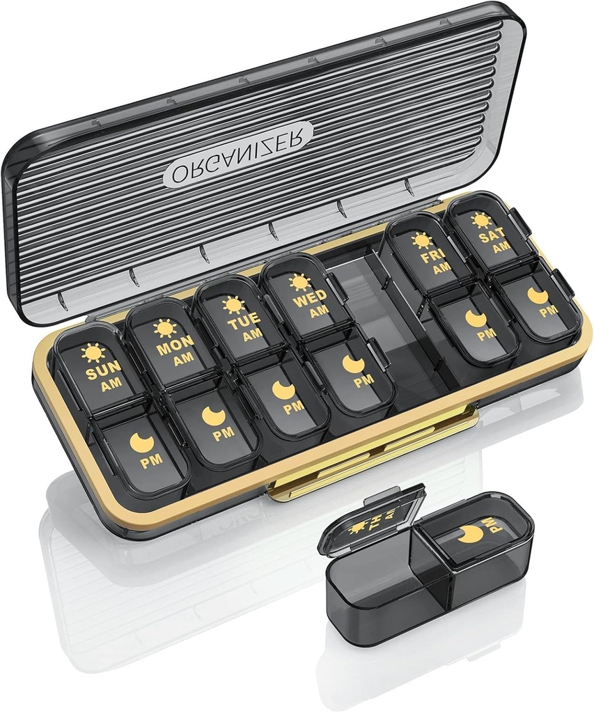 Pillen Organisator 2 keer per dag, 7 dagen Am Pm Pill Box - Acedada Wekelijkse Pillen Organisator Twee keer per dag, Draagbare Verwijderbare Dagelijkse Geneeskunde Container Dispenser Case voor Vitamine Visolie Supplement, Black Grey