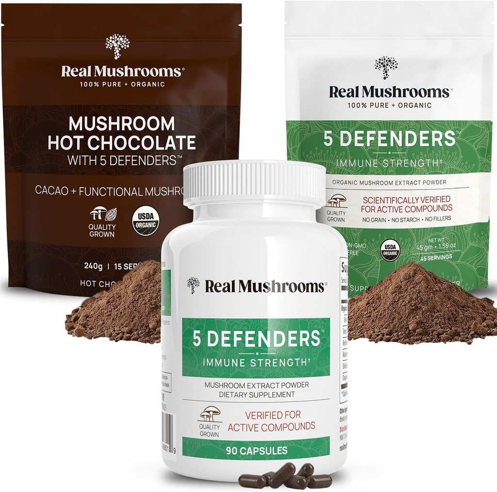 Real Paddestoelen Hot Chocolate Mix (15srv), 5 Verdedigers Extract Poeder (45srv), & 5 Verdedigers Supplementen (90ct) Bundel om Immuniteit en algemeen welzijn te ondersteunen - Glutenvrij, niet-GGO, Veganistisch