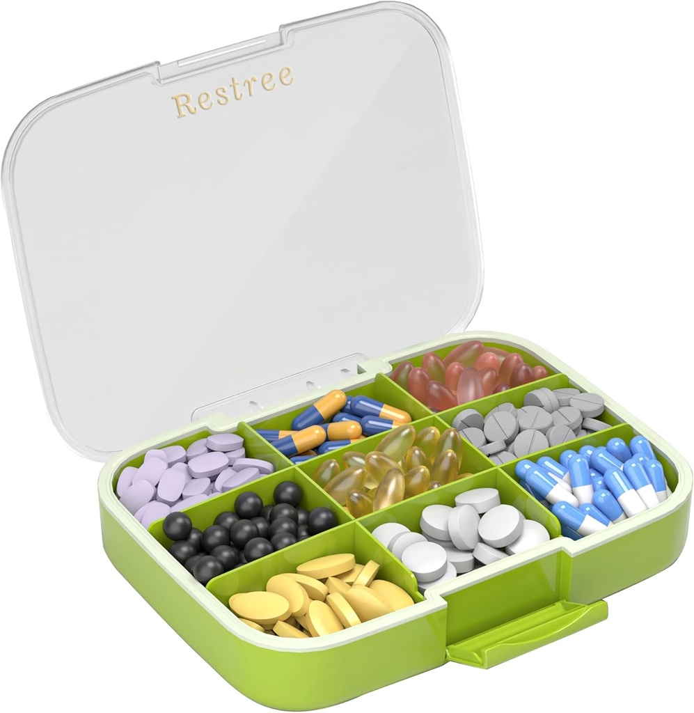 Restree grote pil Organisator, Vocht Proof & waterdichte reis pil geval, draagbare medicatie doos met verstelbare verdelers voor vitamines Supplementen Visolie en dagelijkse pillen 9 afdelingen (Groen)