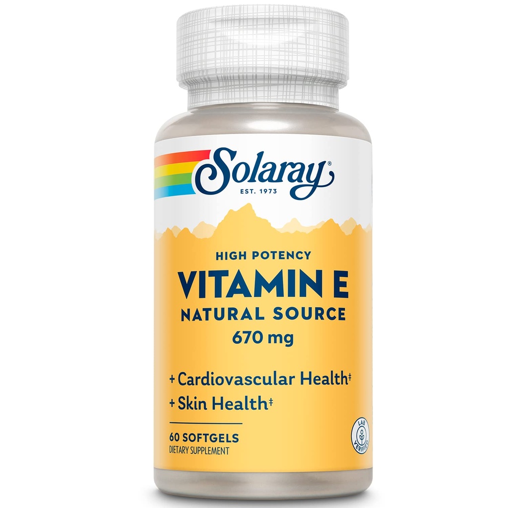 SOLARAY Vitamine E 1000 IE Softgel Capsules, 670 mg - d Alpha Tocoferol Vitamine E Supplementen - Huidgezondheid, hartfunctie en antioxidant Ondersteuning - 60 dagen garantie - 60 porties, 60 zachtgels