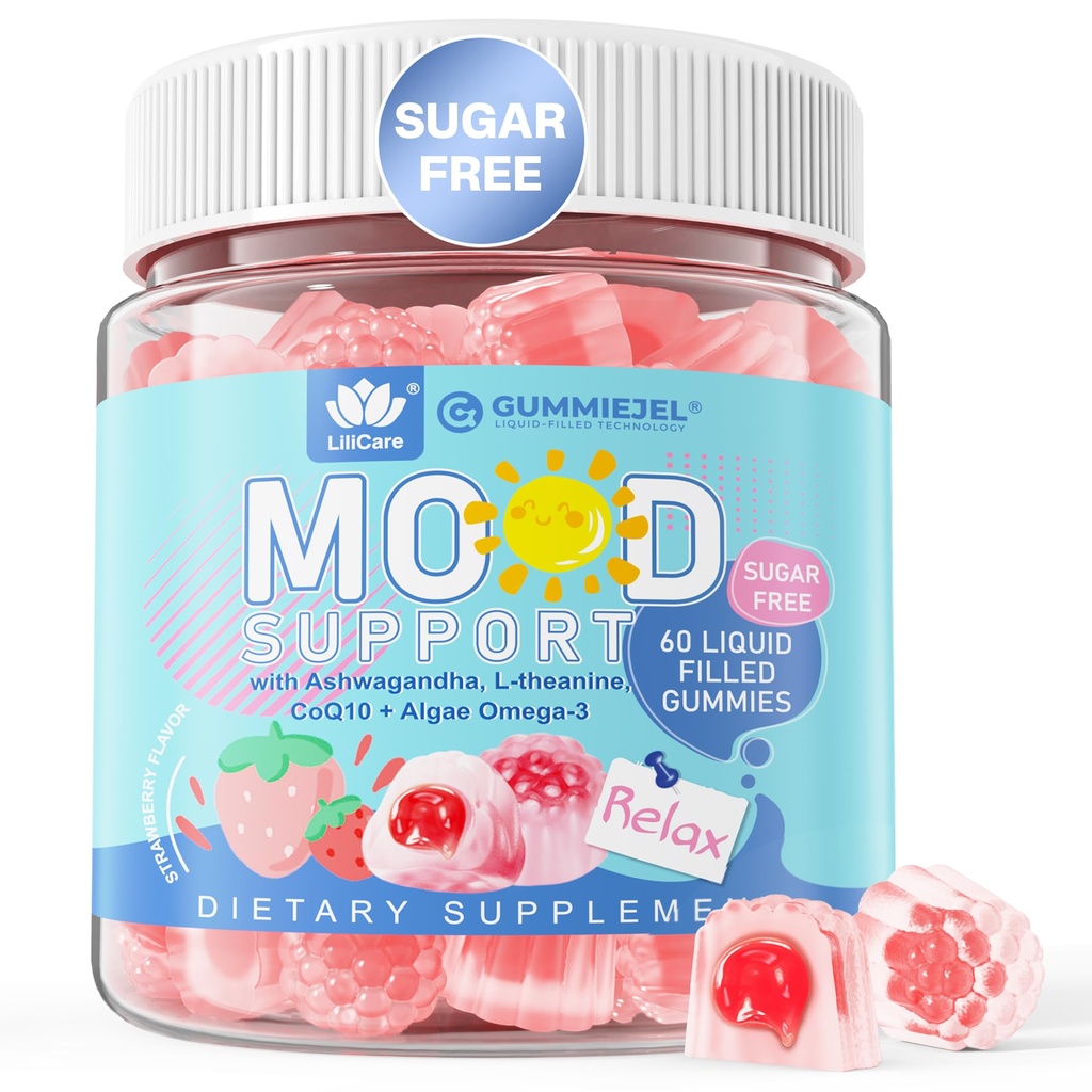 Ashwagandha Saffron Calm Gummies + Omega 3, L-Theanine & CoQ10 voor vrouwen Mannen, natuurlijke rust Happy Relax Gummies voor volwassenen, Mood Support Supplement Gummy, Aardbei Flavor, Suikervrij, Veganistisch, 60ct