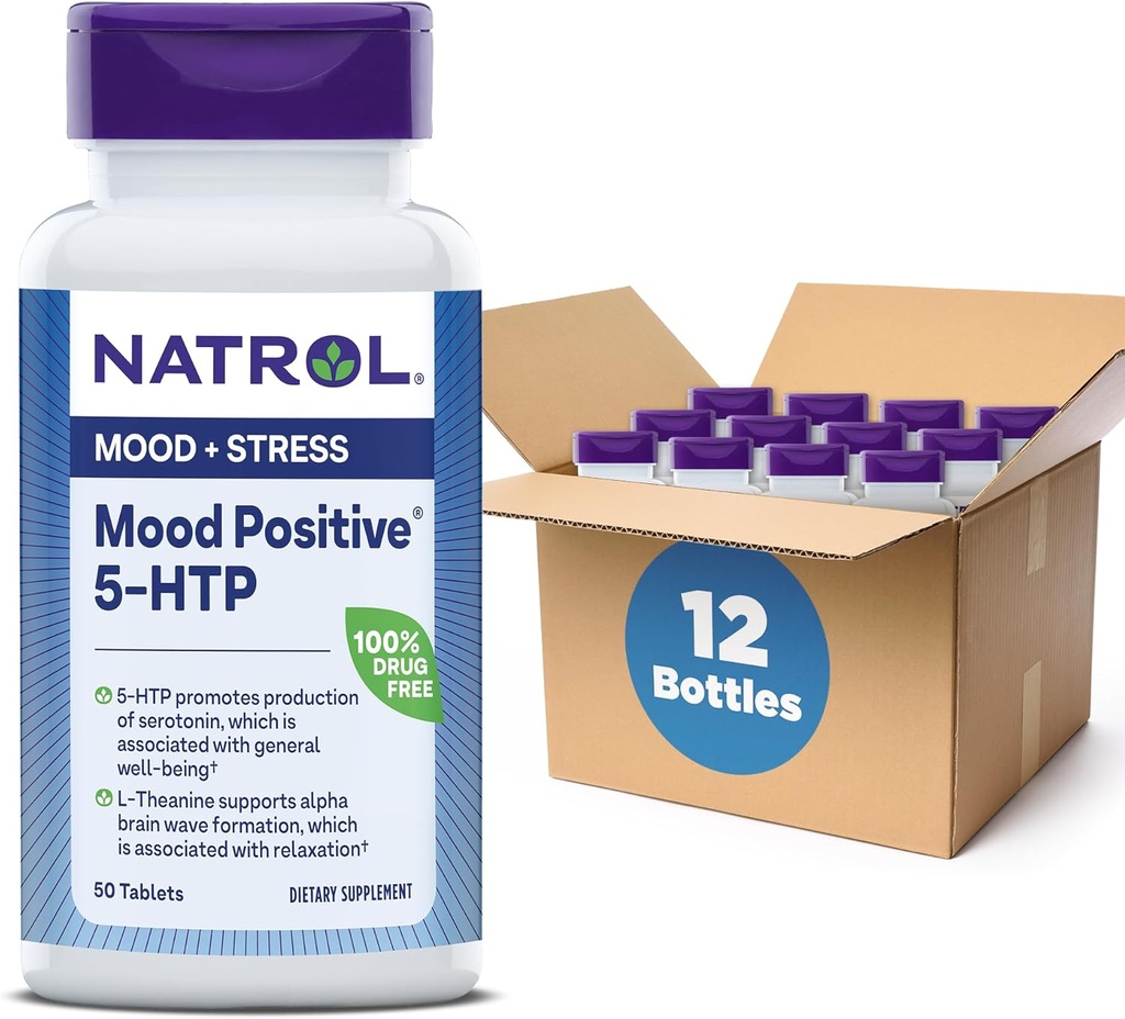 Natrol Mood Positive 5-HTP 50mg met L-Theanine, Vitamine B6, Vitamine B12 en Folaat, Dieetsupplement helpt ondersteuning van een positieve stemming, 50 tabletten, 25-50 dagen levering (pakket van 12)