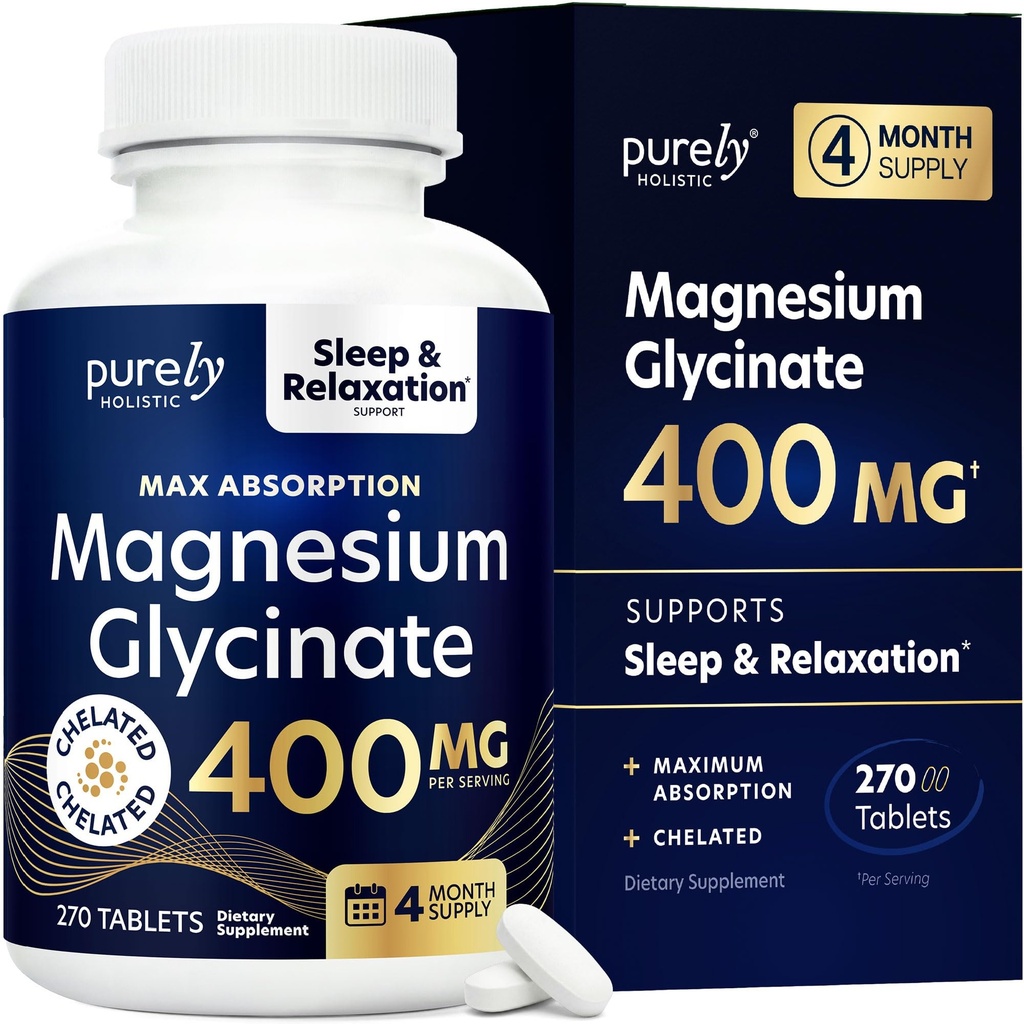 Glycinate de magnésium 400mg - 270 comprimés de magnésium (pas capsules) - 400 mg Magnésium élémentaire - hautement biodisponible - Végétarien et végétalien - pour améliorer le sommeil, le stress et la défense des crampes