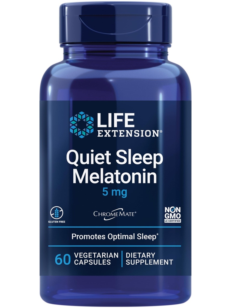 Life Extension Quiet Sleep Melatonine, 5 mg, krachtige slaapondersteuning, gezonde circadiane ritmes, Cellular Defense, Glutenvrije, Niet-GMO, Vegetarisch, 60 Capsules