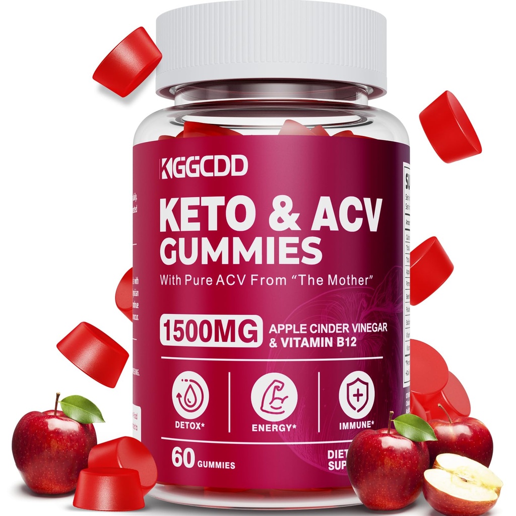 Gommies de vinaigre de cidre de pomme Keto Avancé Perte de poids, supplément de gommy Keto pour les femmes et les hommes, avec vinaigre de cidre de pomme 1500MG et vitamine B12, végétalien et non-OGM, désintoxication et nettoyage, faible teneur en glucides, compte 60