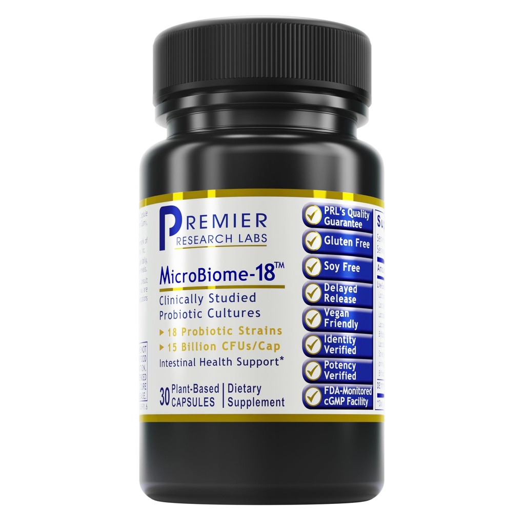 Premier Research Labs MicroBiome-18 - Probiotica voor de spijsvertering, Probiotica met Lactobacillus Acidophilus voor vrouwen en mannen, Reuteri voor gezonde Gut Microbiome - 30 Vegetarische Capsules