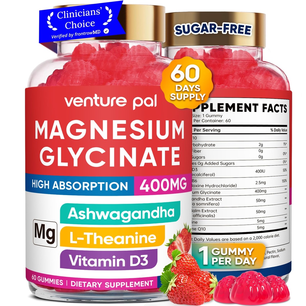 Levering van 60 dagen Magnesium Glycineer 400 mg Gummies met Ashwagandha, L-Theanine, CoQ10, Vitamine D3 & B6, Suikervrije Magnesium Gummies voor volwassenen en kinderen, Stress Relief, Slaap & Kalm, Veganistisch, Glutenvrij