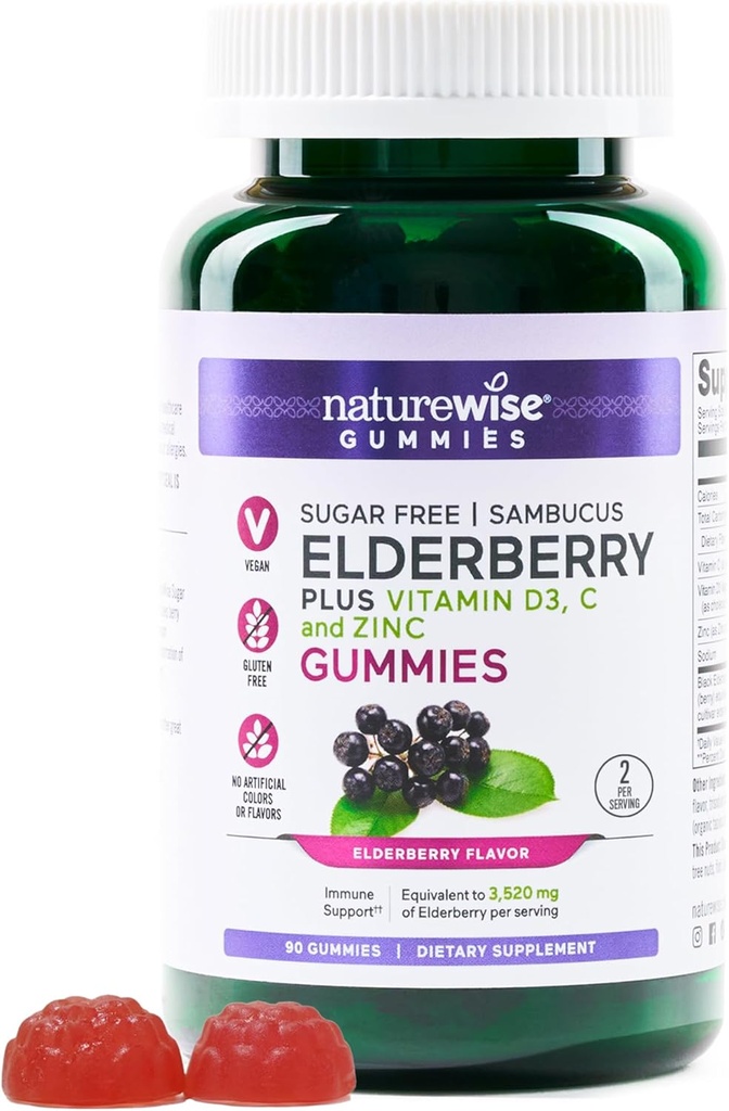 NatureWise Sambucus Elderberry Gummies - Sugar-Free - Daily Immune Support Supplement for Kids and Adults*, with Vitamin C, D3, Zink - Veganist, Glutenvrij, Non-GMO - 90 Tellen[45-Day Supply]