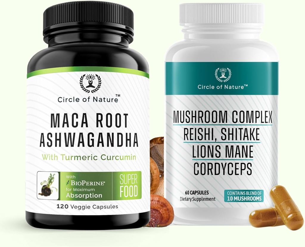 Maca Root Ashwagandha & Mushroom Suppliment bevat Lions Mane, Cordyceps, Reshi, Shitake