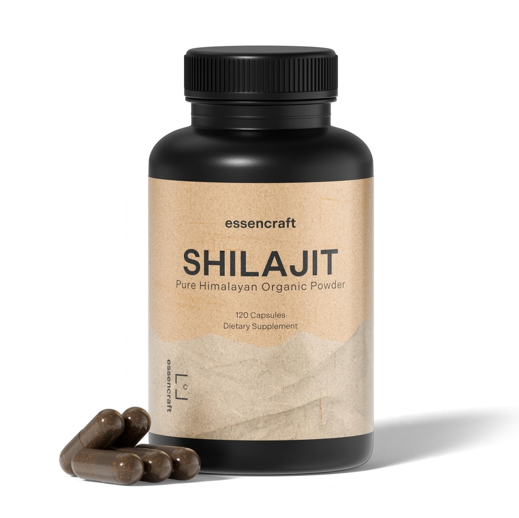 Biologische Himalaya Shilajit Resin Extract - 1000mg Max Potency, Lab Getest Pure Shilajit voor mannen & vrouwen, 85+ Trace Minerals Fulvinezuur, Immune Support, Energie, Cognition, 2 maand supply, 120 Capsules
