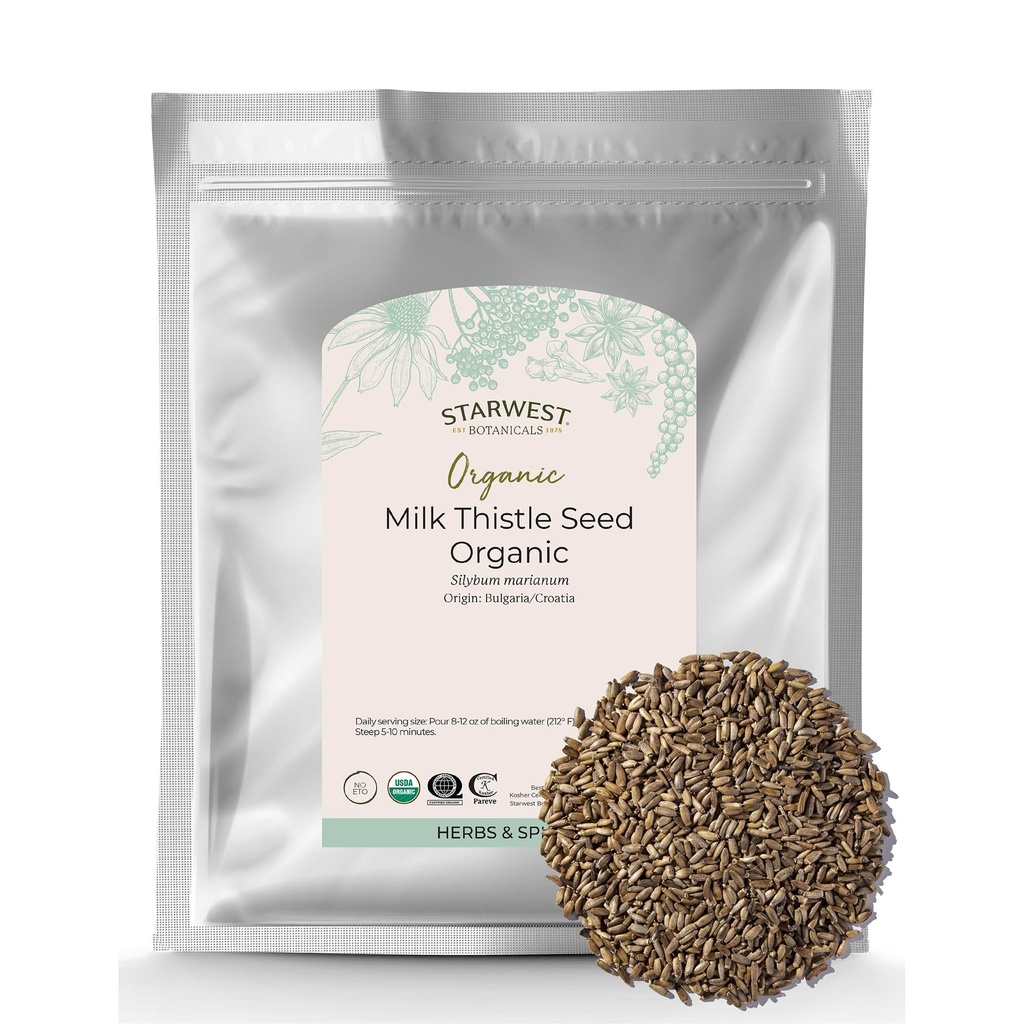 Starwest Botanicals Morceaux de chardon de lait biologique entier - Chardon de lait de feuille libre pour le thé et la cuisine, mélanger dans le jus, ajouter aux smoothies, farine d'avoine et yaourt, casher certifié, non-OGM - vrac 1 lb sac