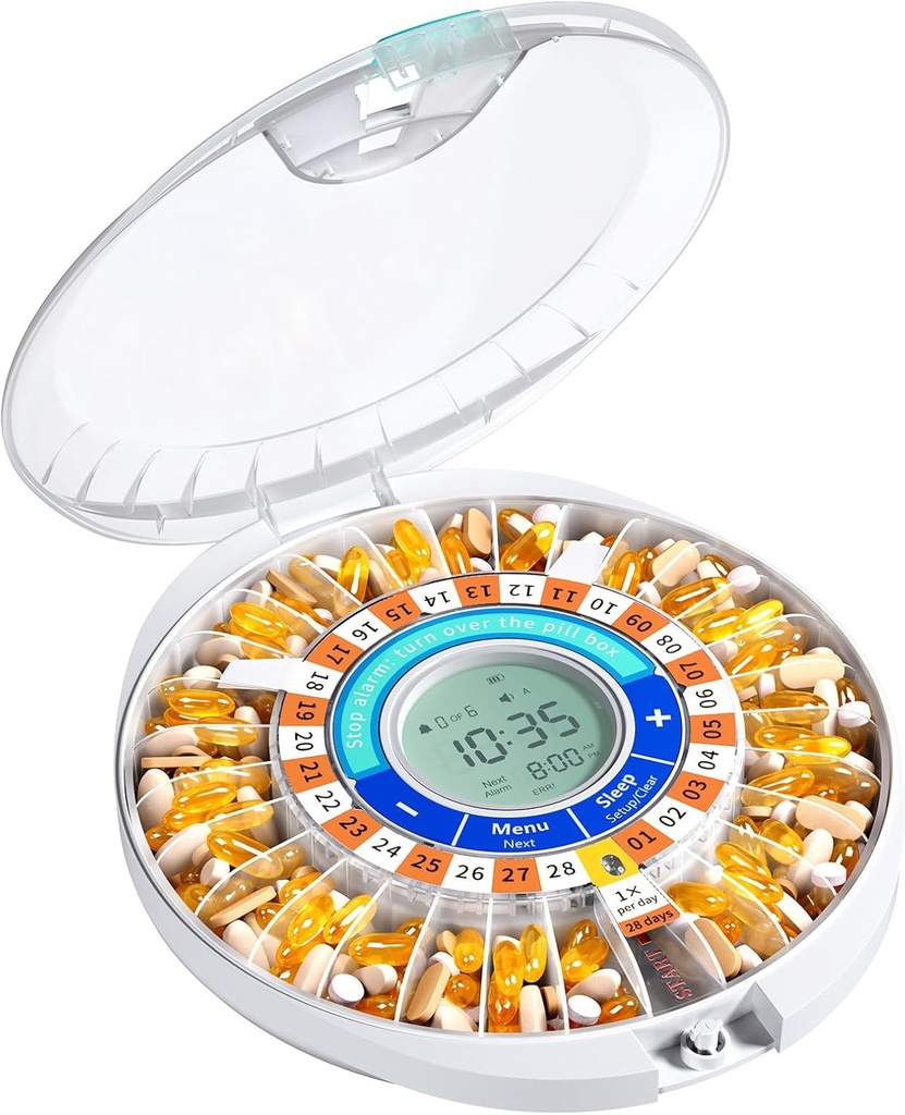 Daviky automatische pildispenser voor ouderen met alarm, 28 dagen elektronische Locked Pill Box, geluid en licht herinneringen voor medicatie, vitamines en supplementen(oranje)
