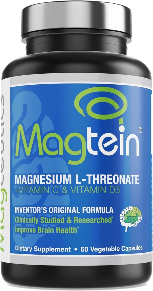 Magtein - Magnesium L-Threonate Supplement, Geheugen, Focus, Slaap- & Hersengezondheidsformule voor mannen en vrouwen, cognitieve ondersteuning voor volwassenen, klinisch onderzocht - 60 Veg Capsules
