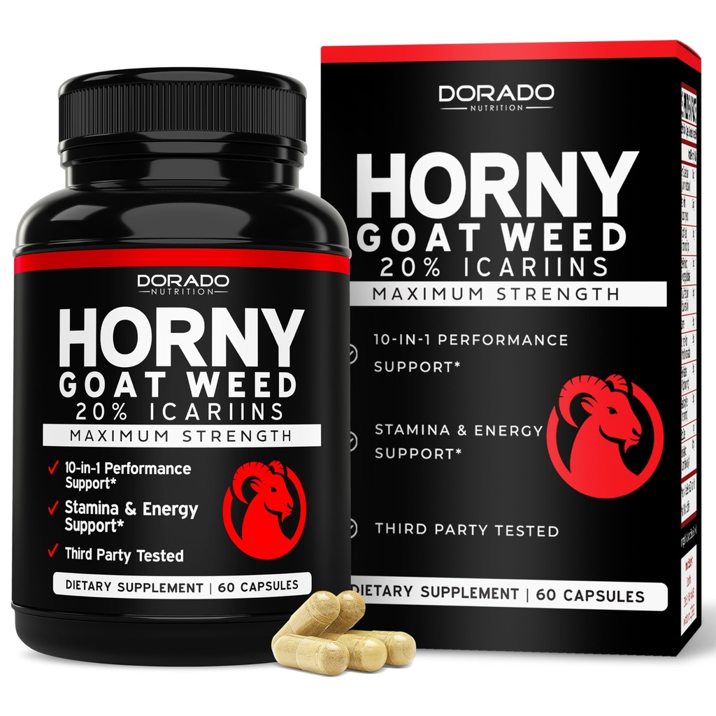 Horny Goat Weed for Men and Women - [20% Icariins Max Strength] - Uithoudingsvermogen, uithoudingsvermogen, circulatie, gezamenlijke & back ondersteuning - Maca Root, Ginseng, Yohimbine, Tribulus, L-Arginine - USA Made - 60 Count
