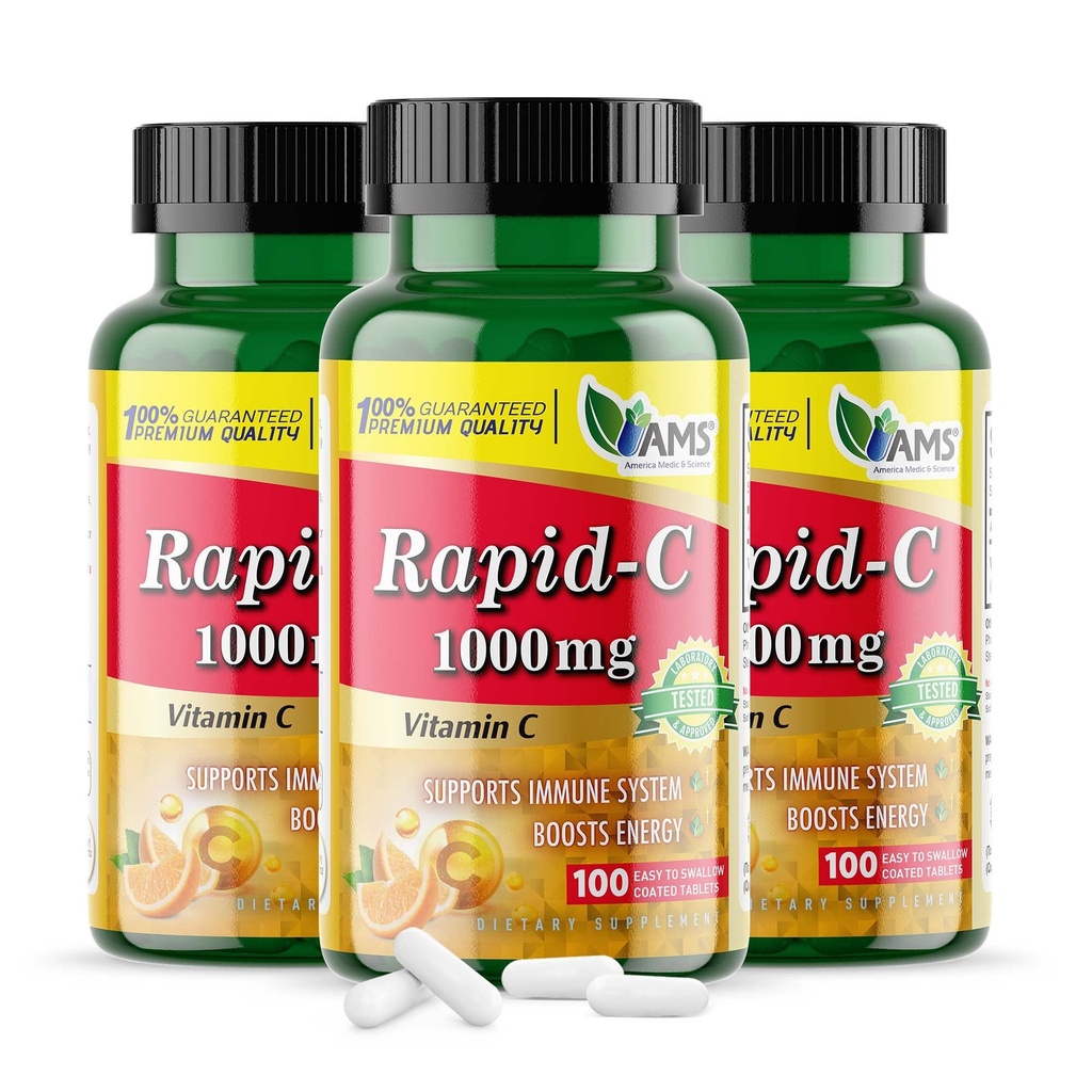 America Medic & Science Rapid-C 1000mg Vitamine C Supplement (3 Pack of 100 Tablets) Energy Booster, Daily Immuun System Support, Antioxidant 