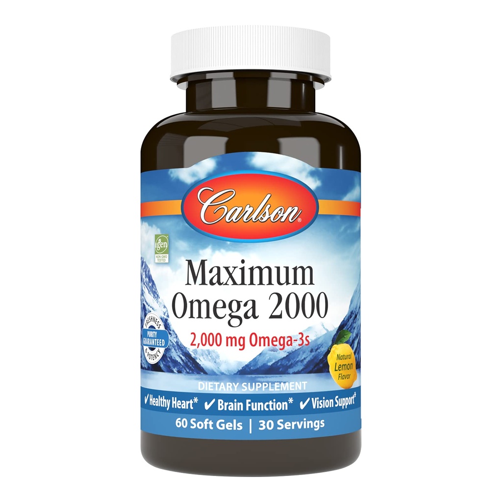 Carlson - Maximum Omega 2000, 2000 mg Omega-3 vetzuren Inclusief EPA en DHA, Wild-Caught, Noorse Fish Oil Supplement, duurzaam gegenereerde Fish Oil Capsules, Citroen, 60 Softgels