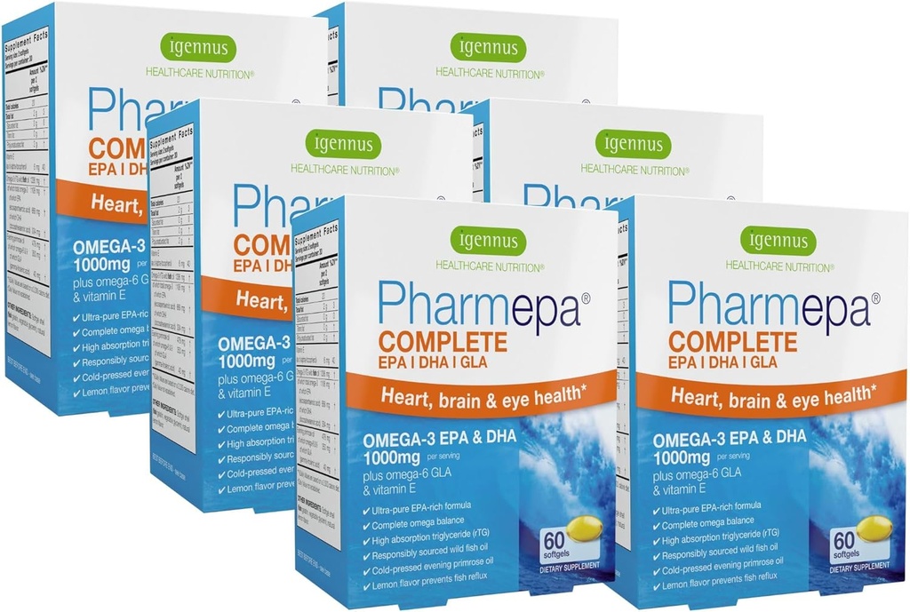 Igennus Pharmepa Complete EPA 668mg & DHA 334mg Omega-3 Vetzuren 1000mg, IFOS Certified, RTG Form, High Potency Fish Oil Plus Omega-6 & 9 van GLA Avond Primrose Oil, Citroensmaak, 360 Softgels