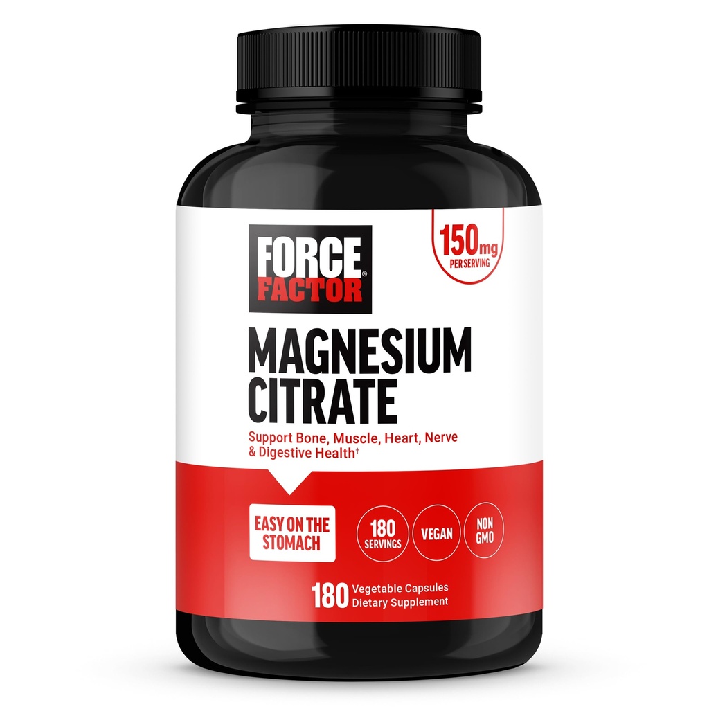 Force Factor Magnesium Citrate, Magnesium Supplement voor vrouwen en mannen ter ondersteuning van bot, spier, zenuw, spijsvertering, en hart gezondheid, Gemakkelijk op de maag, Vegan, 6-maand levering, 180 capsules