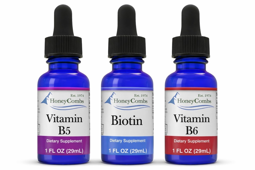 HoneyCombs Liquid Drops 1oz Bespaar 10% - Vitamine B7 (Biotine) + Vitamine B5 (pantotheenzuur) + Vitamine B6 (Pyridoxine)