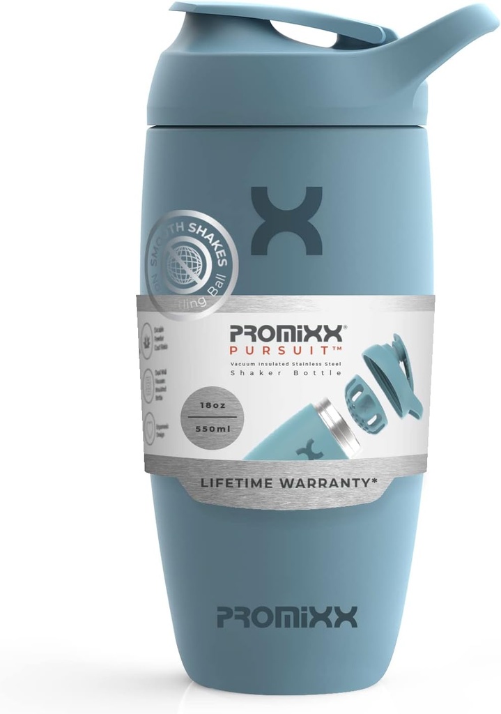 Promixx Pursuit Shaker Bottle Insulated Stainless Steel Water Bottle and shaker Cup, 18oz, Ocean Calm Blue