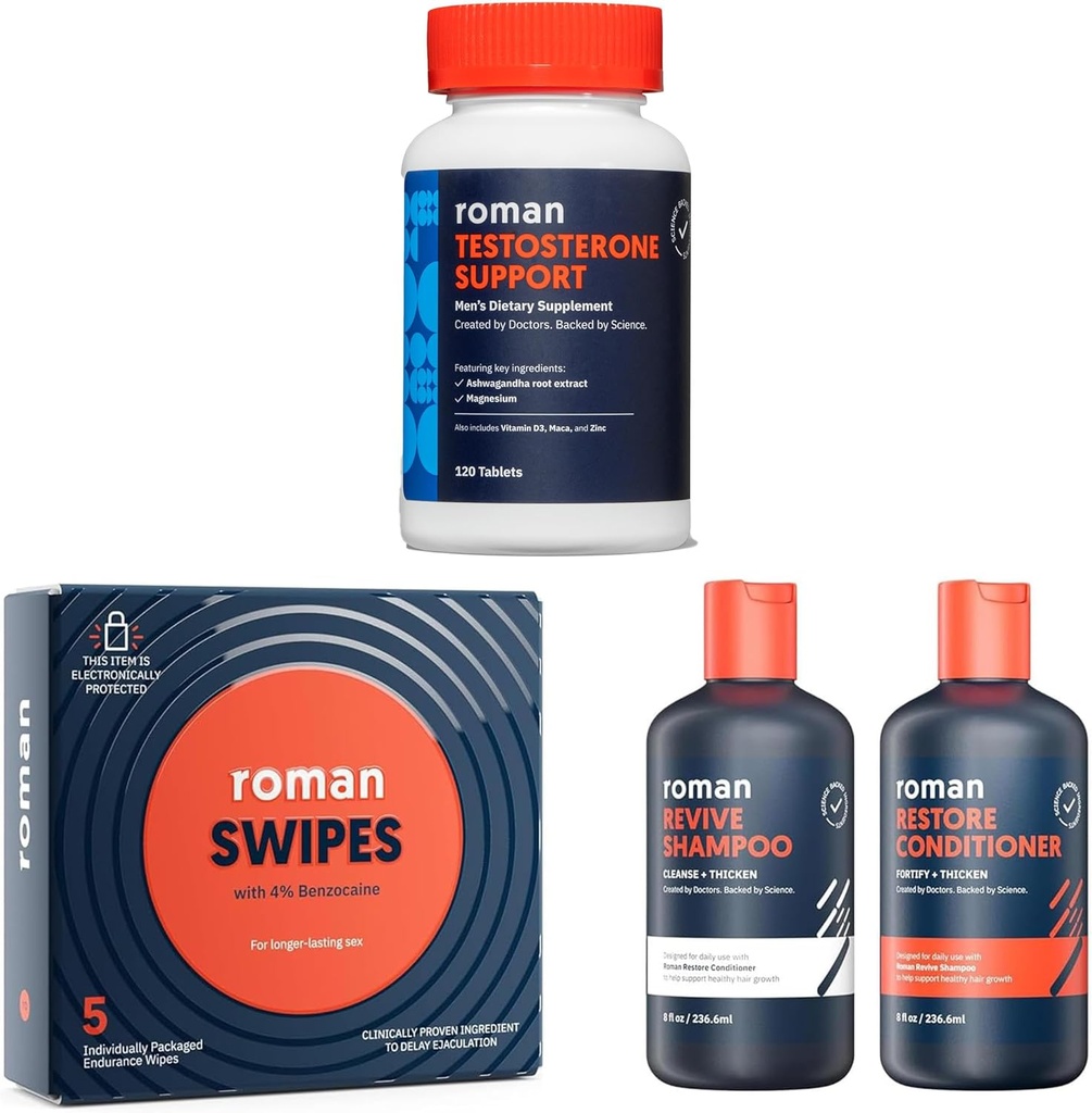 Supplément de soutien à la testostérone pour hommes ROMAN, nageur à action rapide pour l'endurance, et shampooing Revive & Reconditioner Duo pour cheveux épais