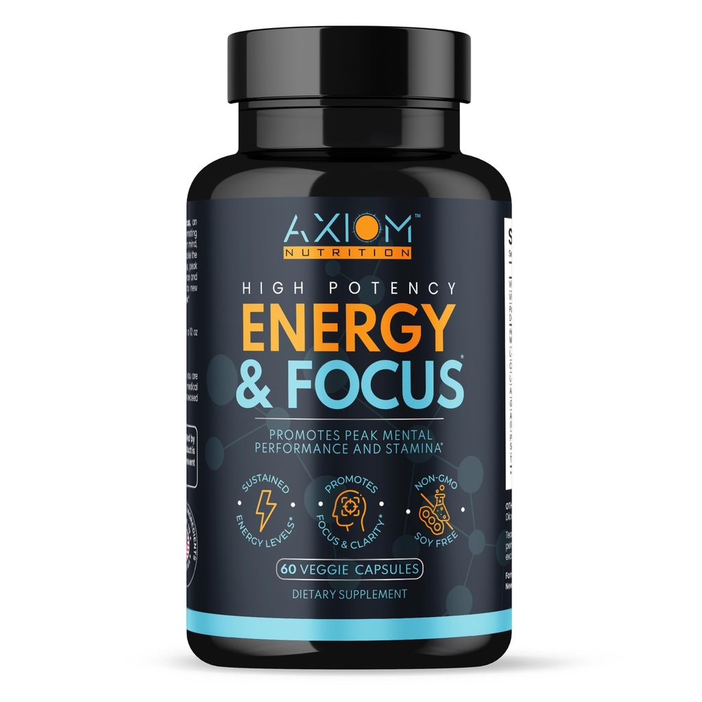 Energie en focus - extra sterkte 200mg Cafeïne en Lions Mane Mushroom Supplement, 60 Capsules - met Alpha GPC, L-Theanine, L-tyrosine ter ondersteuning van hersenfunctie en concentratie