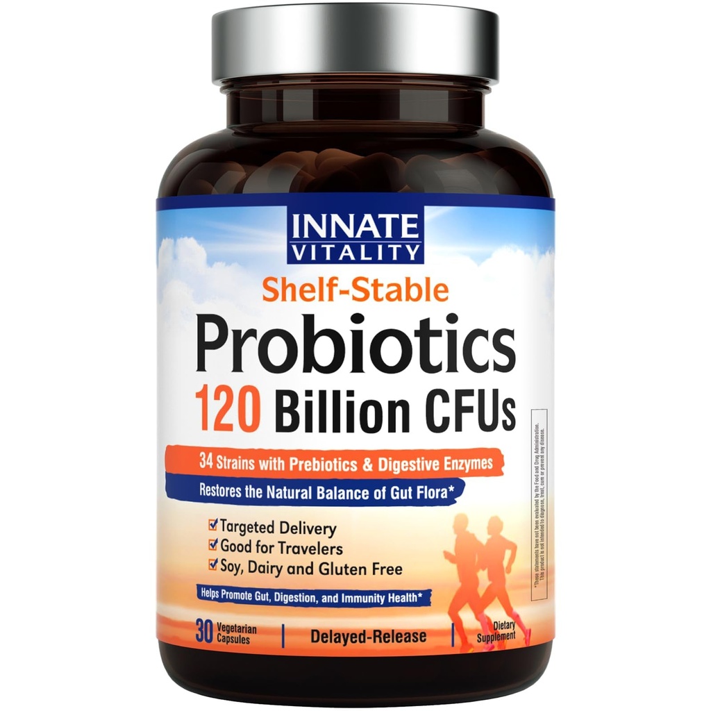 Probiotiques de vitalité innée 120 milliards d'UFC pour les hommes et les femmes, 34 souches avec prébiotiques et enzymes digestives, immunitaires et de santé digestive, libération retardée, étagère stable, 30 capsules véganes