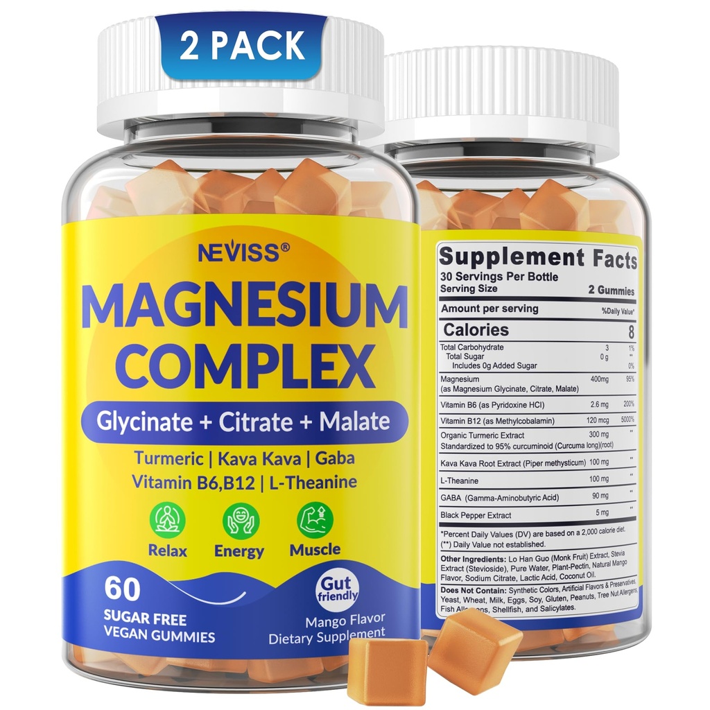 Magnésium complexe Gummies 400mg, Magnéisum Glycinat Citrate Malate + Turmeric, GABA, B6 B12, Kava Kava, L-Theanine pour le sommeil, Calme, Relaxation, Énergie, Magnésium Gummies pour les femmes hommes, Vegan, 2 Pack