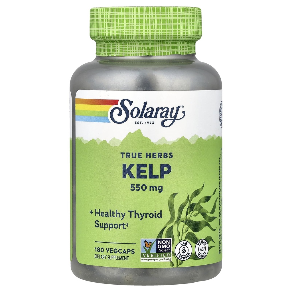 Solaray Kelp 550 mg met foliumzuur voor een gezonde schildklierfunctie, energie- en stofwisselingsondersteuning