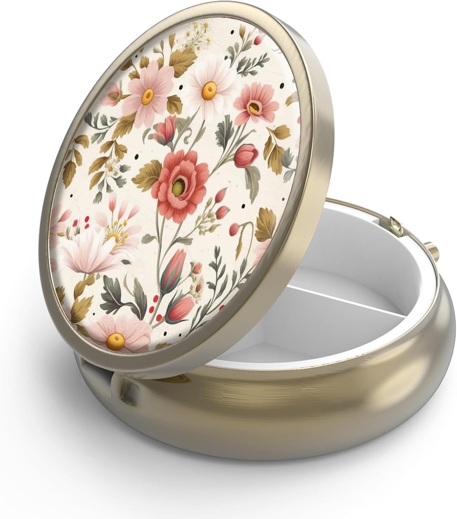 Pill Case Pill Box met Mirror Retro 3 Compartiment Small Pill Case voor Purse of Pocket Bronze Small Roud Pillen Box of Vitaminen, Visolie, Supplementen, Pill Bevat reizen geschenken(Retro Rode Bloemen)