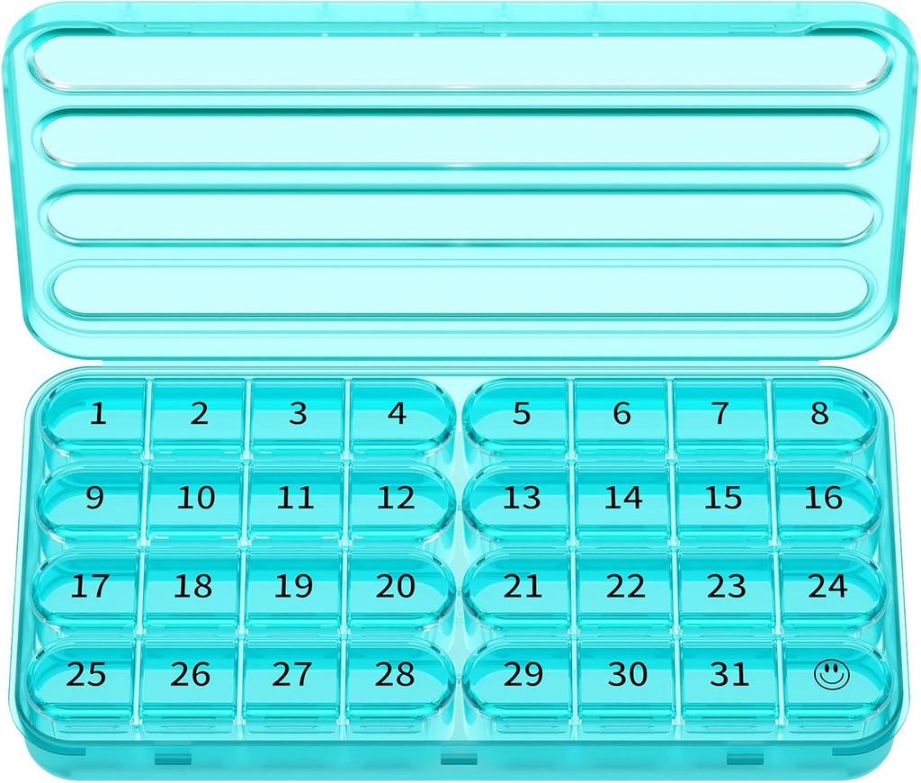 Zoksi Monthly Pill Organizer 1 keer per dag, 30 dagen pil Box Organizer, een maand pil geval voor reizen, 31 dagen dagelijkse medicatie container voor vitaminen, supplement & medicatie(cyan)
