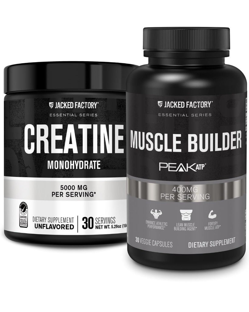 Ge Jacked Factory Creatine Monohydraat Poeder 150g - Creatine Supplement voor spiergroei, verhoogde sterkte & Essentials Spier Builder - Dagelijkse spier Builder met PeakATP (30 capsules)