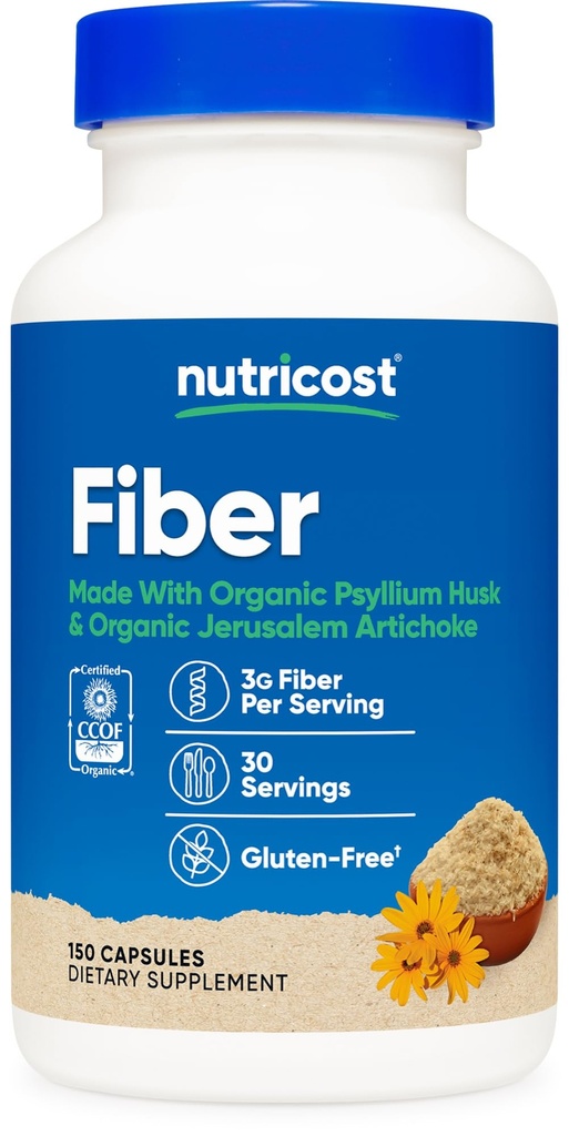 Nutricost Fiber Capsules with Prebiotic Fiber Supplement 150 Capsules - CCOF Certified Supplement, Made with Organic Psyllium Husk & Organic Jerusalem Artichoke, Gluten Free, 3 G Per Serving