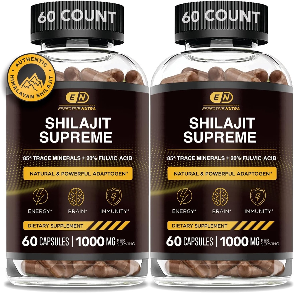 EFFECTE NUTRA Pure Shilajit Capsules for Men & Women - Pure Himalaya Shilajit for Men & Women - High in Trace Minerals & Fulvic Acid - 10000mg Authentic Shilajit Extract per Serving (120 Count)