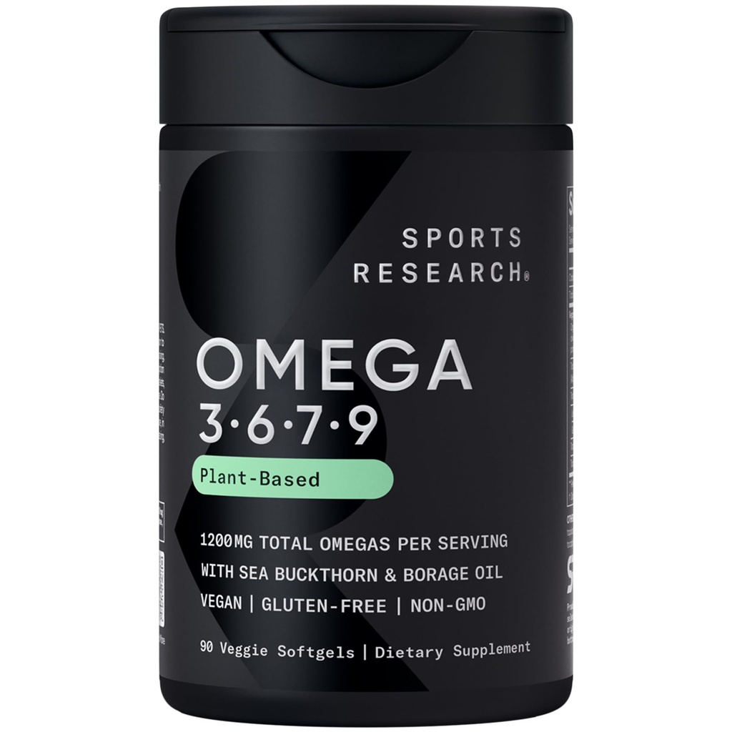 Sports Research® Vegan Omega 3-6-7-9 - 1200 mg d'acides gras oméga multi-spectrum, formule certifiée non-OGM avec l'huile d'épine de mer et de bore - 90 softgels veggie