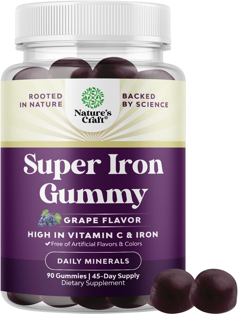 Gommies de fer extra-forte pour les femmes et les hommes - Potent 45mg par portion Supplément à croquer pour les femmes et les hommes avec de la vitamine C pour une absorption plus élevée - Gommy de fer quotidien végétalien Pas d'arôme artificiel