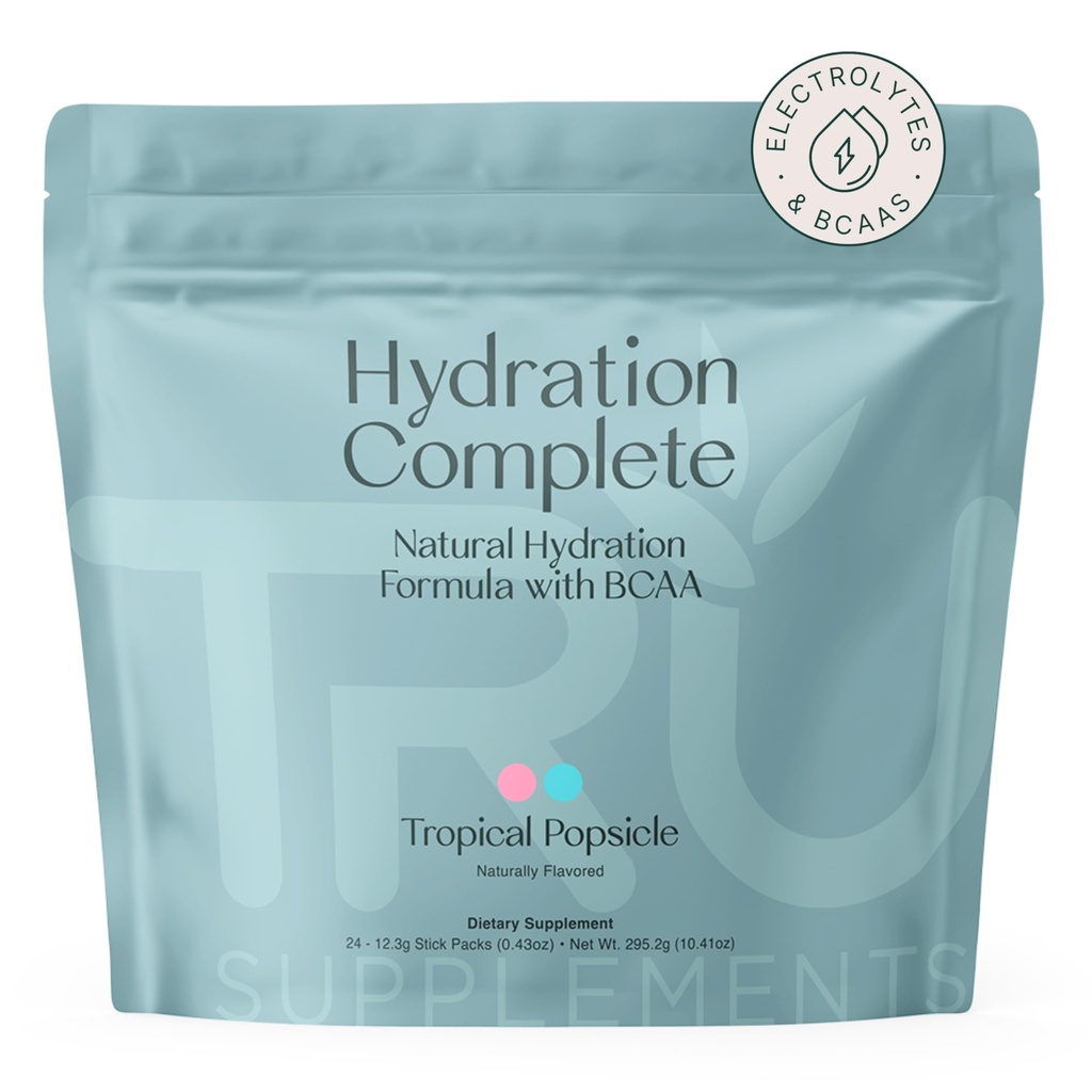 TRU-supplementen Hydratatie Complete BCAA, plantaardige Aminozuren + Roze Himalayazout, Elektrolyten & L-Carnitine, Veganistisch, Zero Calorieën, Geen kunstmatige zoetstoffen, 24 Servers, Tropische ijslolly